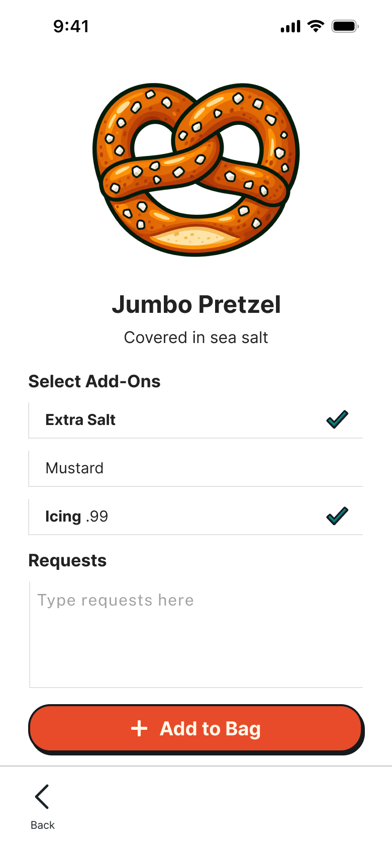 Jumbo Pretzel customization preview with extra salt, mustard, icing, special requests, and an Add to Bag button.