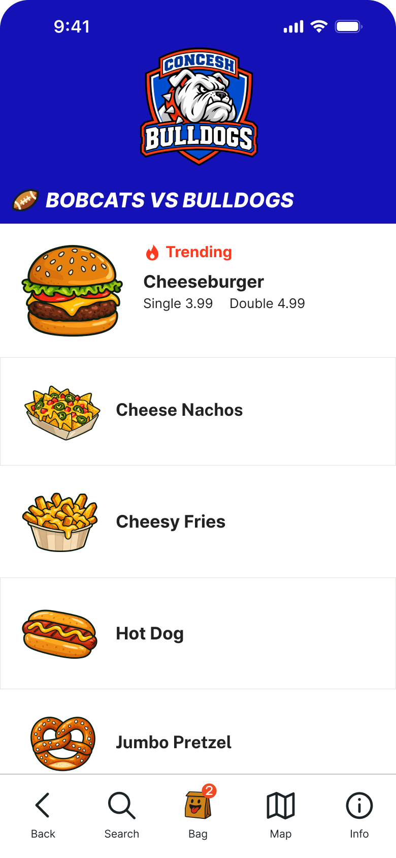 Concession menu preview with a cheeseburger, cheese nachos, cheesy fries, hot dog, and jumbo pretzel.