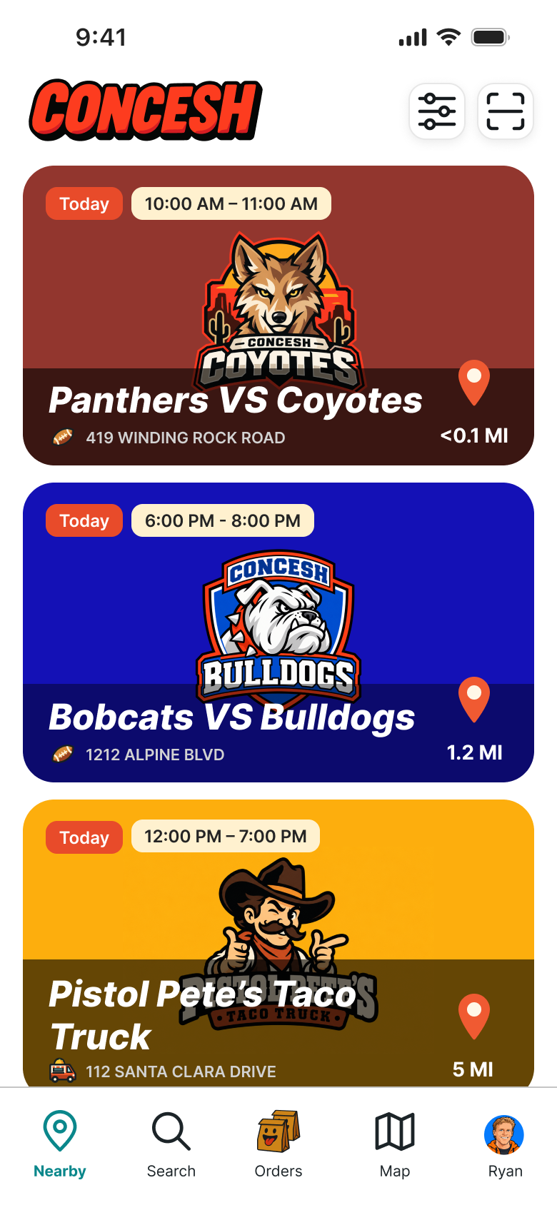 Nearby preview showing sample school games and a food vendor, with event times and distances.
